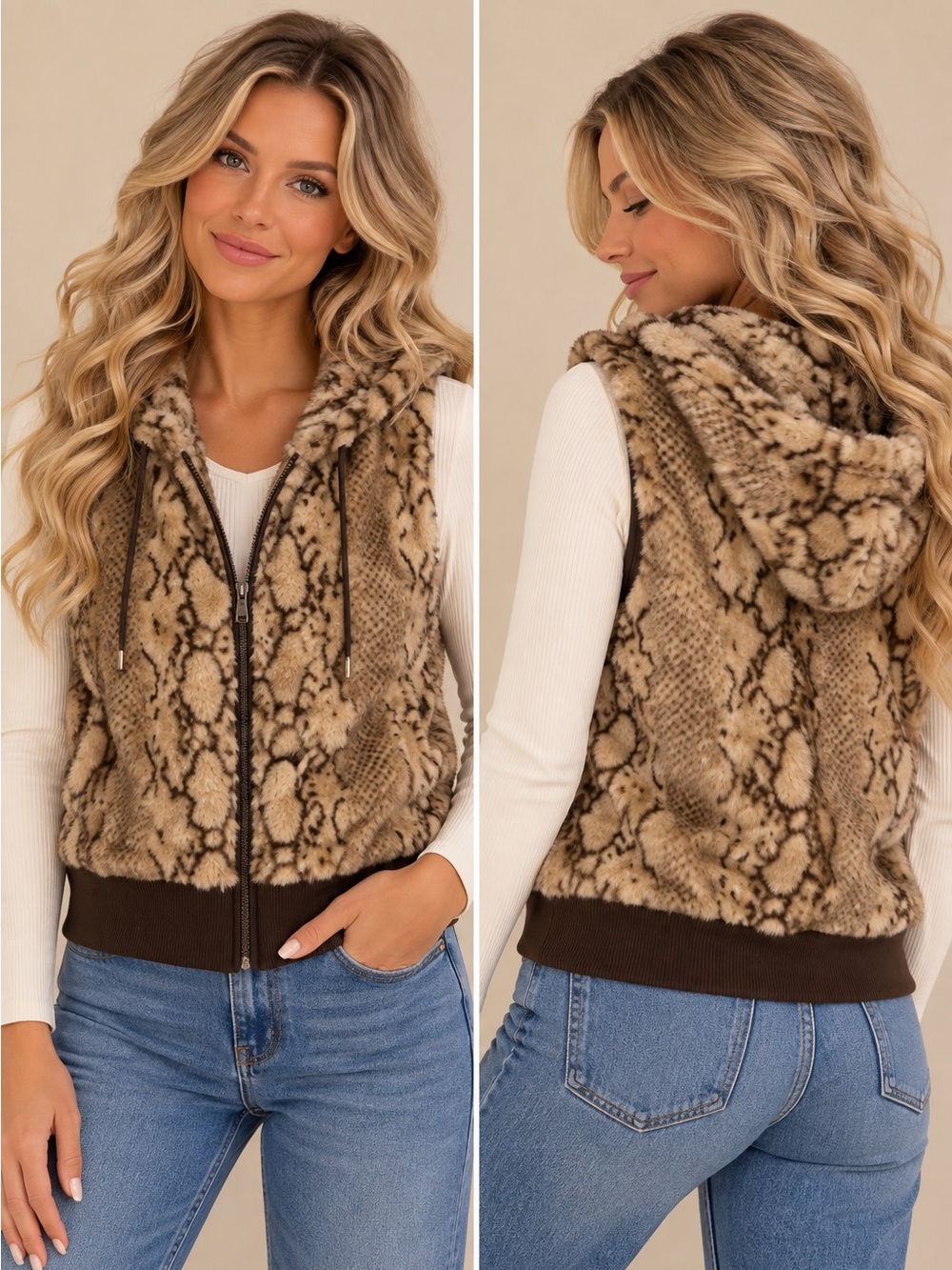 NWT Faux Leopard Vegan Free Fur Hooded Drawstring Vest Large